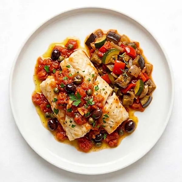 Fish alla livornese with ratatouille